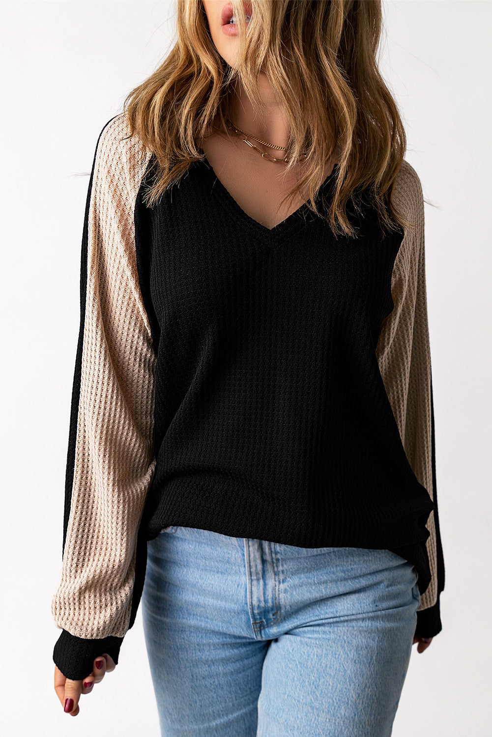 Black V Neck Contrast Block Waffle Knit Top