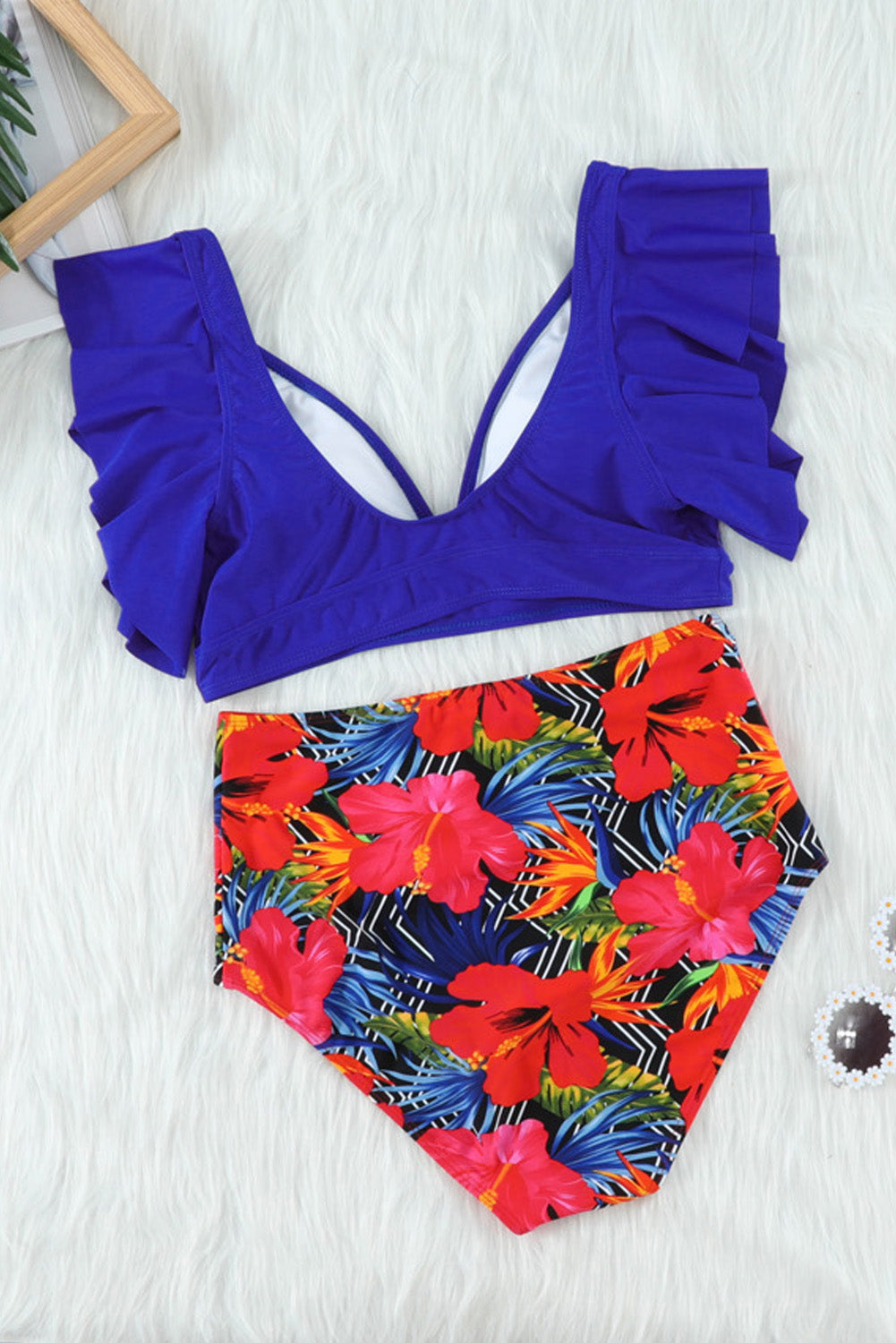 Blue Floral Ruffled Hem High Waist Bikini Set