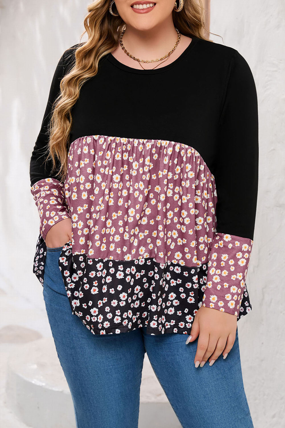 Black Floral Pattern Color Block Plus Size Pullover Top