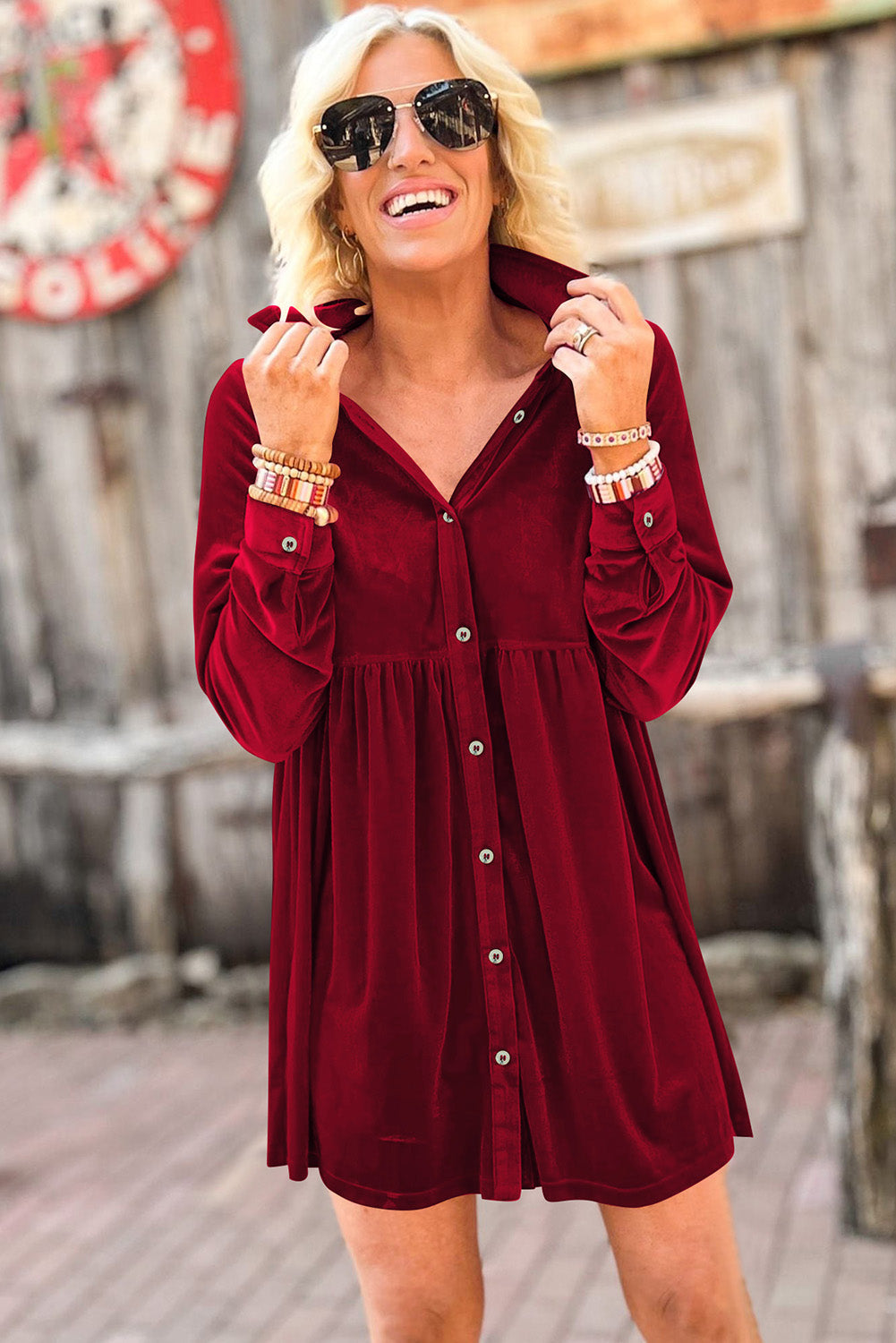 Rose Long Sleeve Ruffle Velvet Button Up Dress