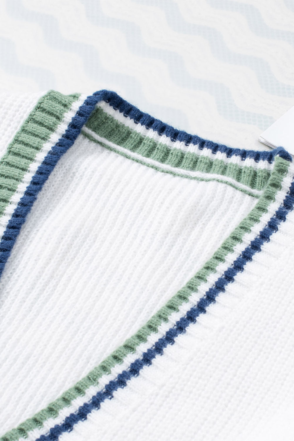 White Striped Buttoned Pocketed Drop Shoulder Sweater