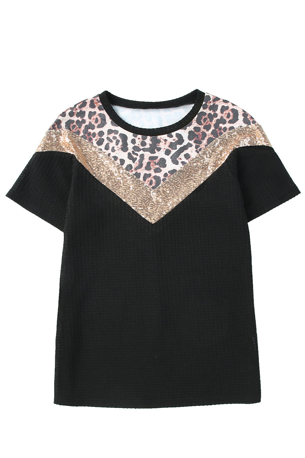 Black Leopard Sequin Waffle Knit Short Sleeve T-shirt