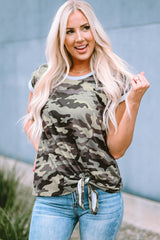 Gray Camo Print Knotted Hem T-shirt