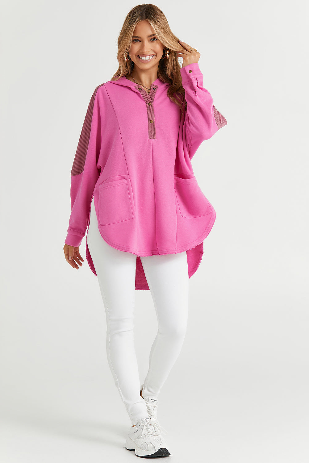 Rose Patchwork Side Pockets Oversized Henley Hoodie