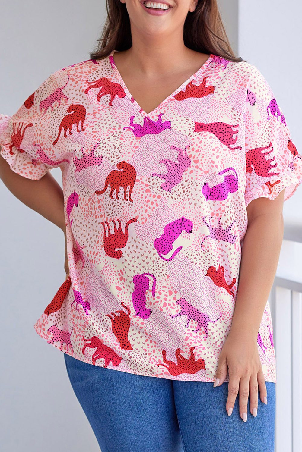 Pink Plus Size Jaguar Print Ruffled Short Sleeves Top