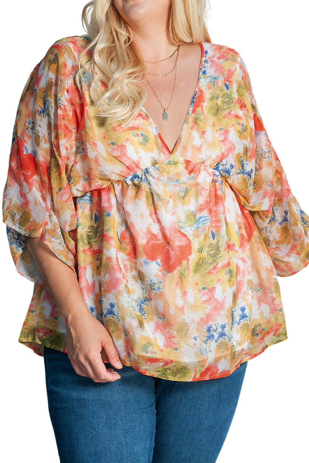 Multicolor Abstract Print Drape Sleeve V Neck Plus Size Babydoll Blouse