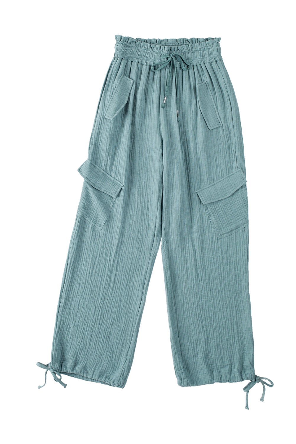 Green Frill Drawstring Waist Crinkle Cargo Pants