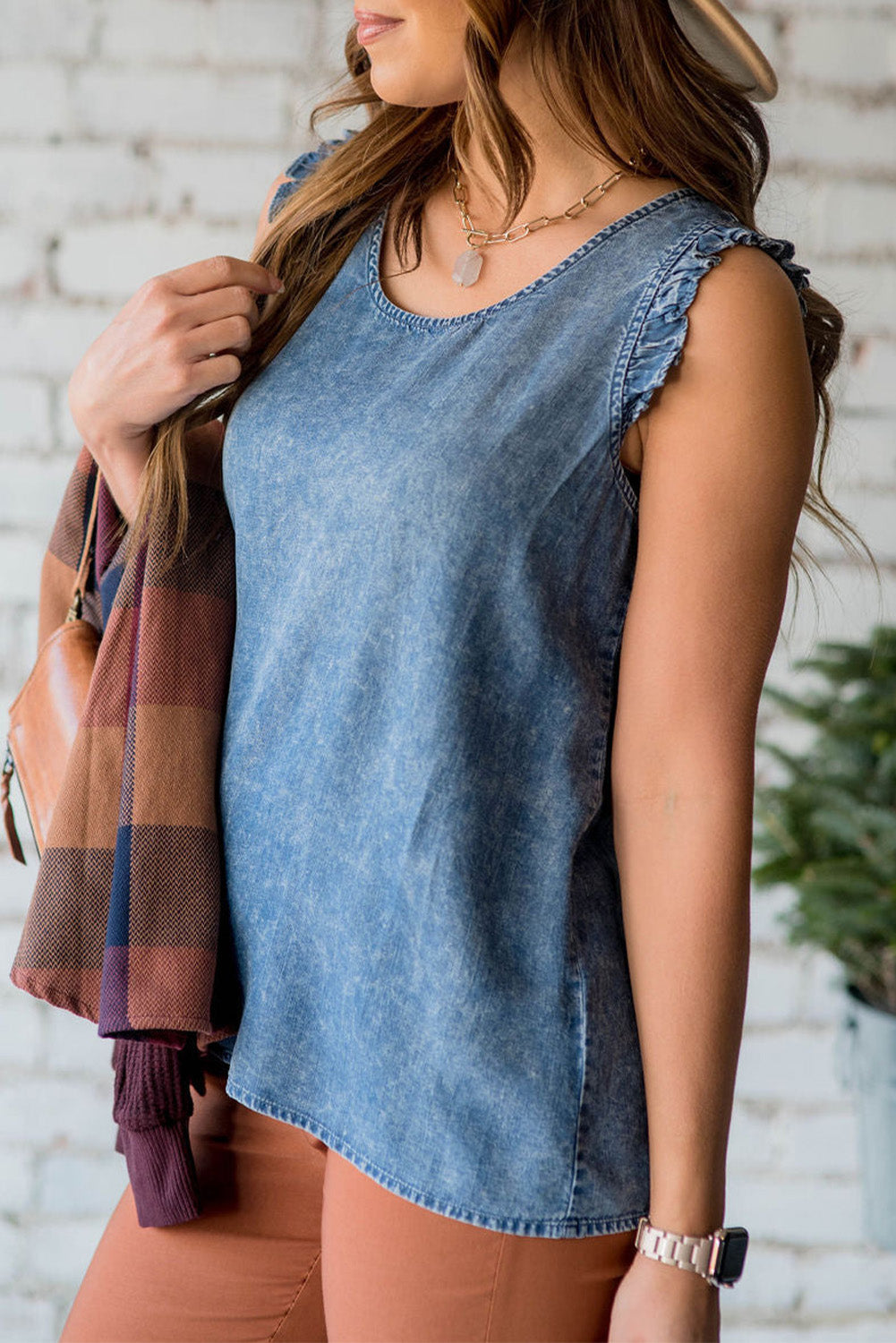 Sky Blue Ruffled Denim Tank Top