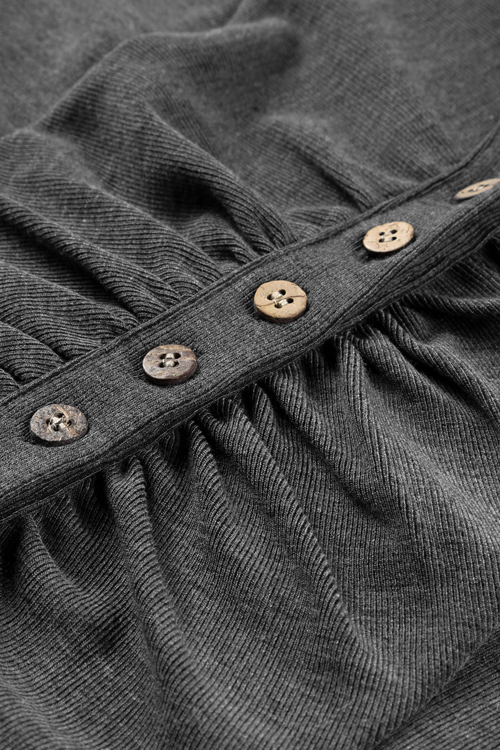 Black V Neck Buttons Ruched Long Sleeve Top
