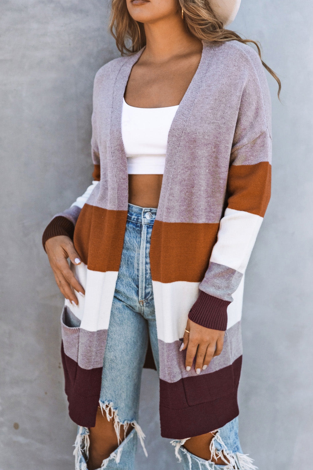 Khaki Open Front Colorblock Cardigan with Pockets