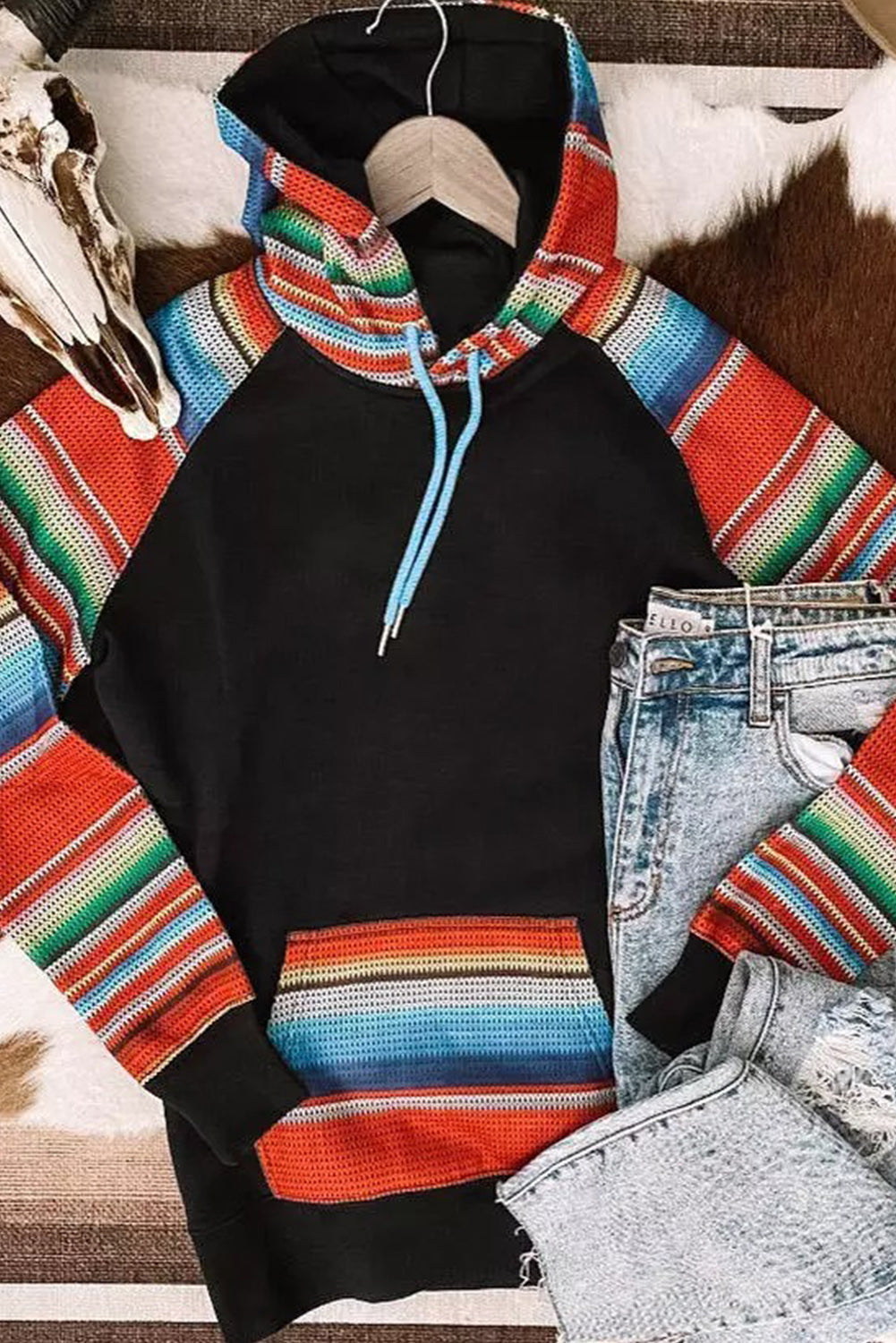 Multicolor Colorful Striped Patchwork Kangaroo Pocket Hoodie