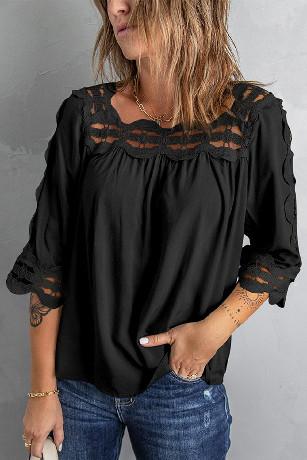 Black Lace Trim Half Sleeve Plus Size Top