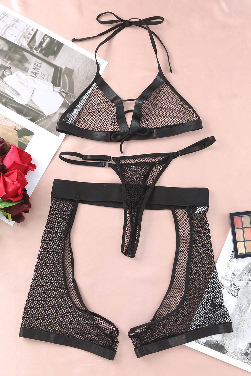 Black Halter Backless Fishnet Lingerie Set With Shorts