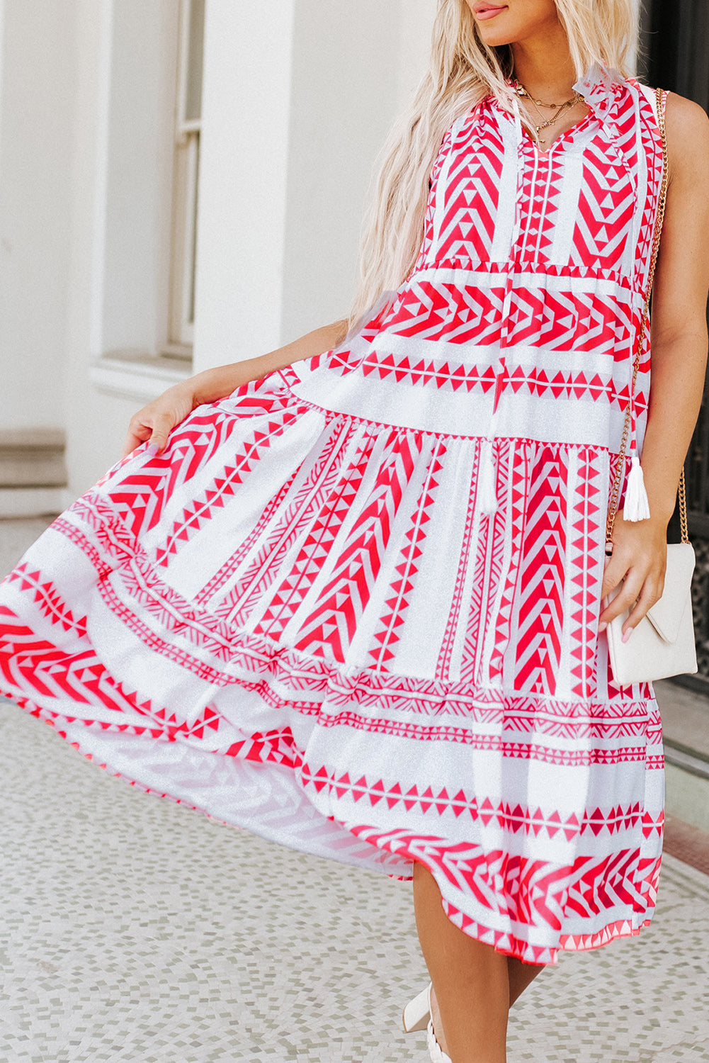 Red Geometric Print Tassel Tie Notch Neck Sleeveless Dress