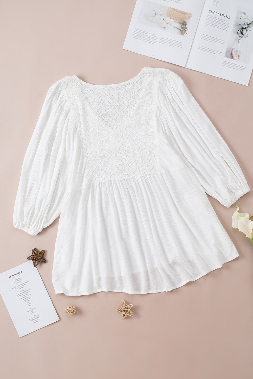 White Lace V-Neck Bracelet Sleeve Ruffle Blouse