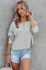 Gray Waffle Knit Side Split Buttoned Henley Top
