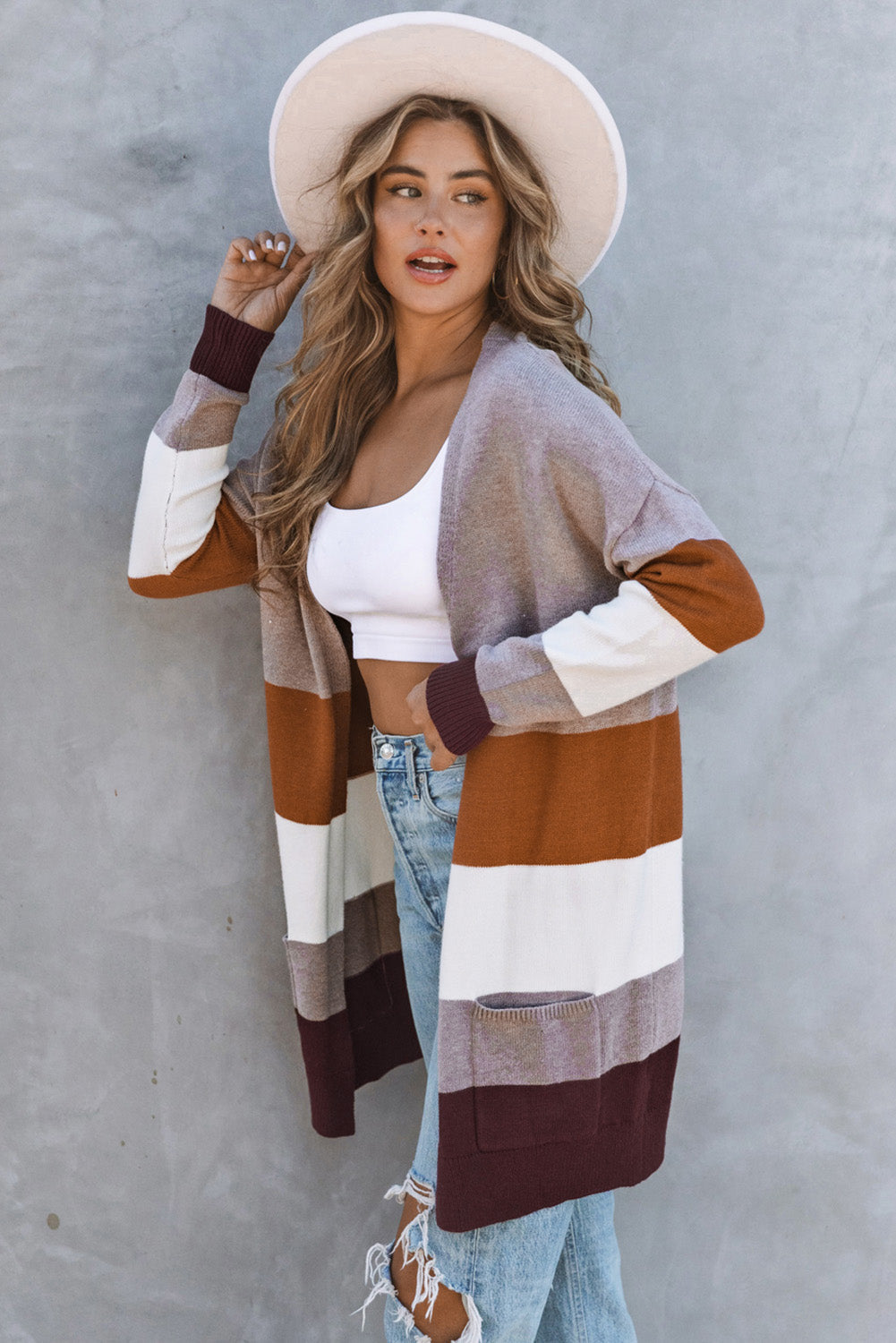 Khaki Open Front Colorblock Cardigan with Pockets