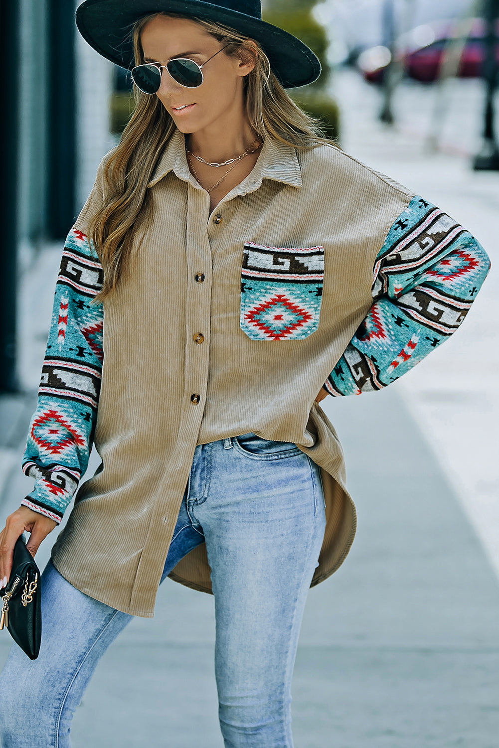 Gray  Aztec Pattern Sleeve Pocketed Corduroy Shacket