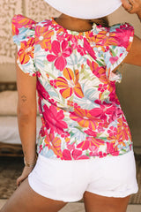 Pink Flutter Sleeve V Neck Floral Print Shift Blouse