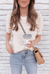 Beige Hollowed Knit Short Puff Sleeve Sweater Tee