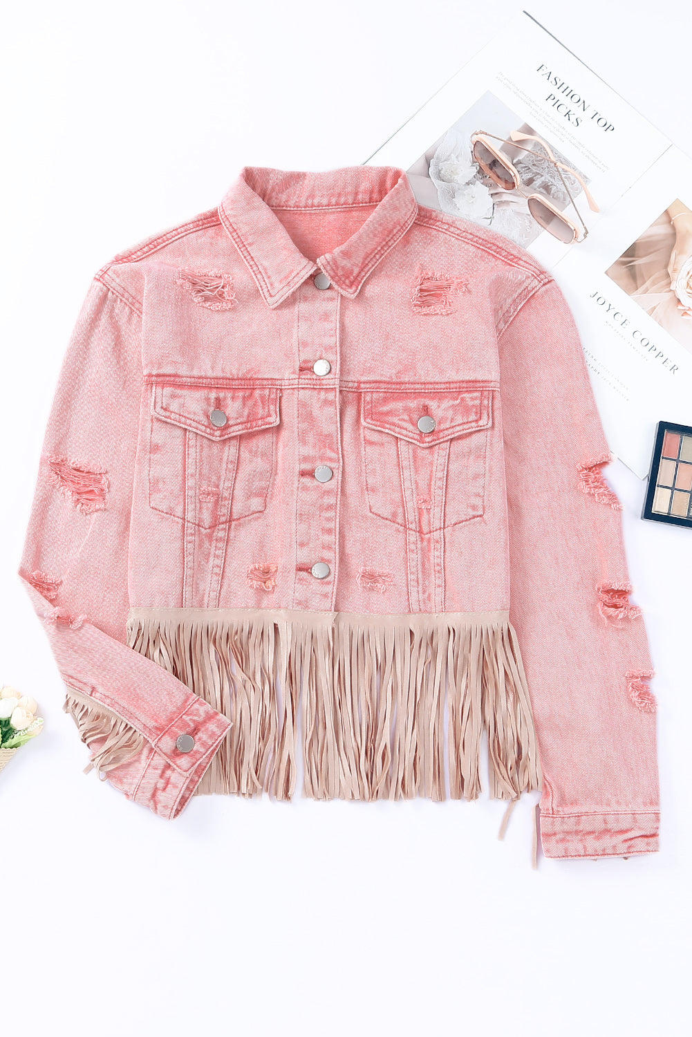 Pink Distressed Fringed Cropped Denim Jacket