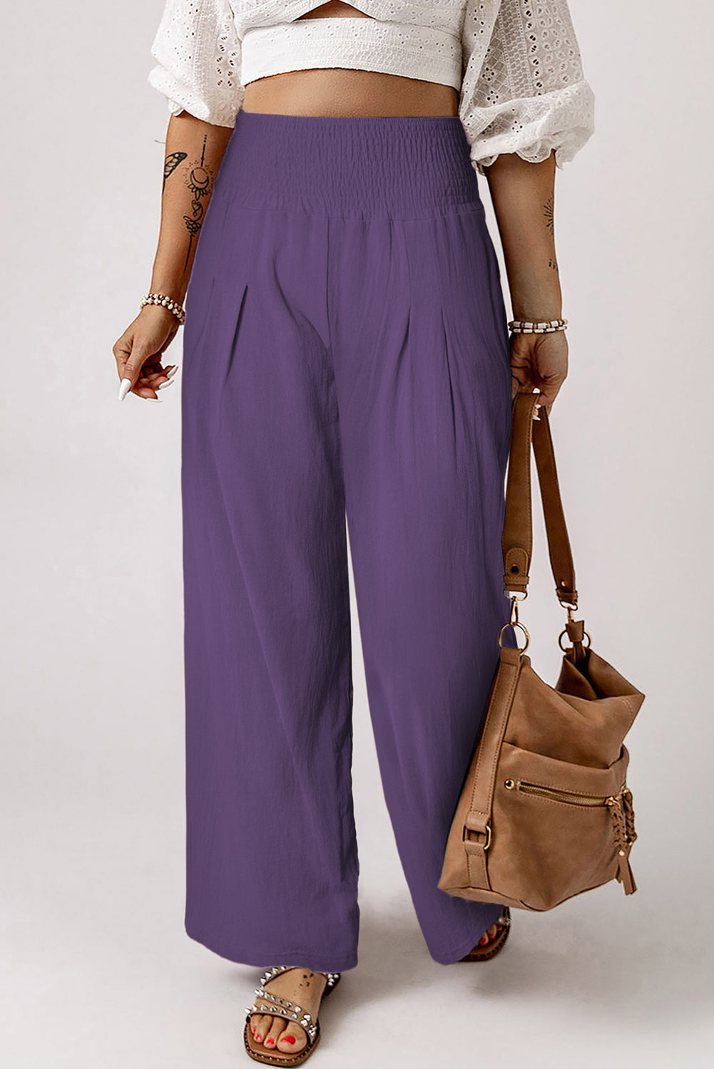 Black Smocked Wide Waistband High Waist Wide Leg Pants