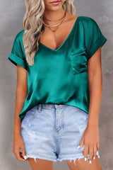 Green Satin V Neck Pocket Short Sleeves Top