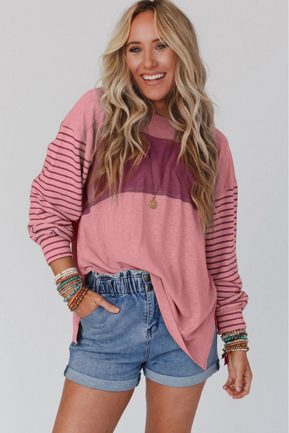 Amicg Blossom Colorblock Striped Bishop Sleeve Top