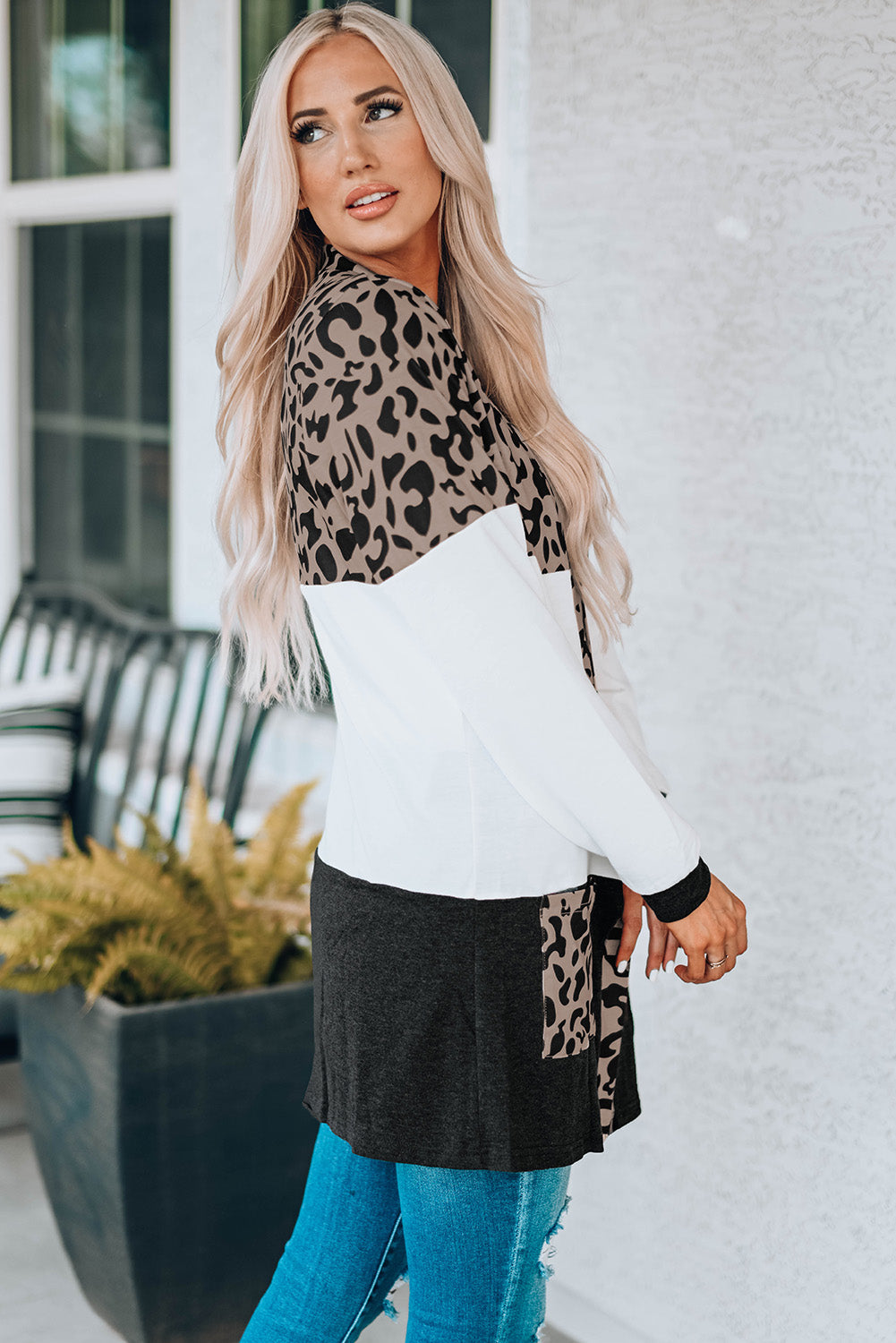 Leopard Block Cardigan with Pockets