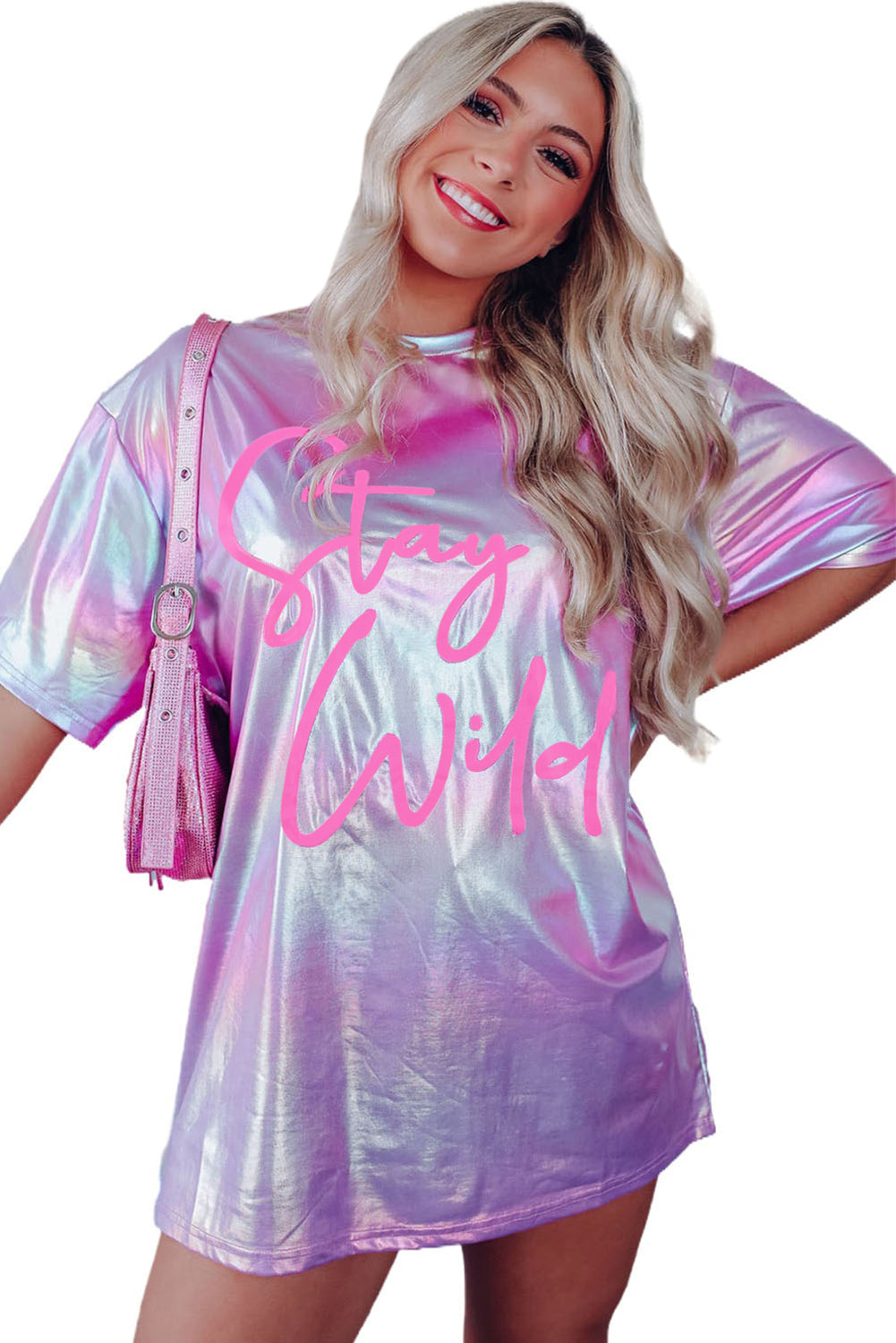 Purple Shiny Iridescent Stay Wild Graphic Oversized Tee