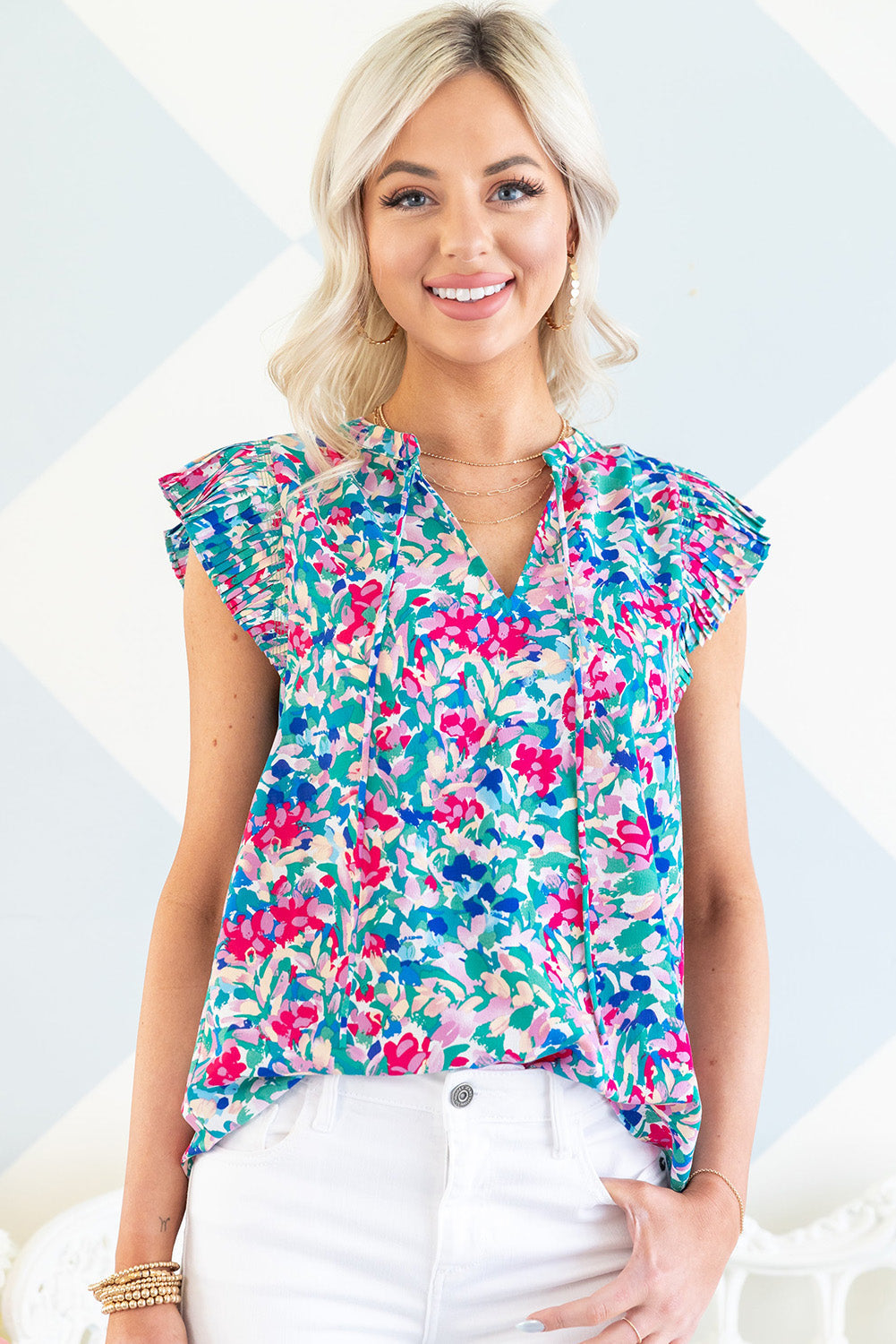 Sky Blue Pleated Flutter Sleeve Tie V Neck Floral Blouse