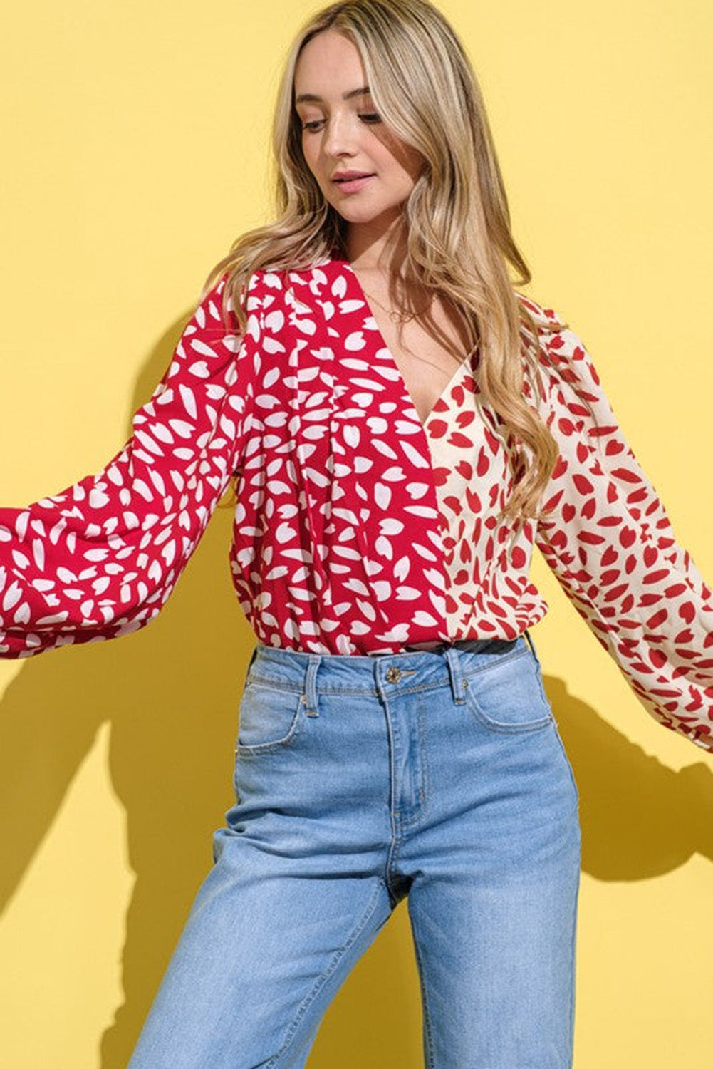 Red Petal Printed Long Sleeve Wrap V-Neck Bodysuit