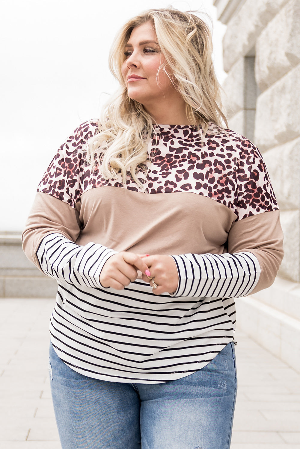 Stripe Leopard Colorblock Striped Long Sleeve Plus Size Top