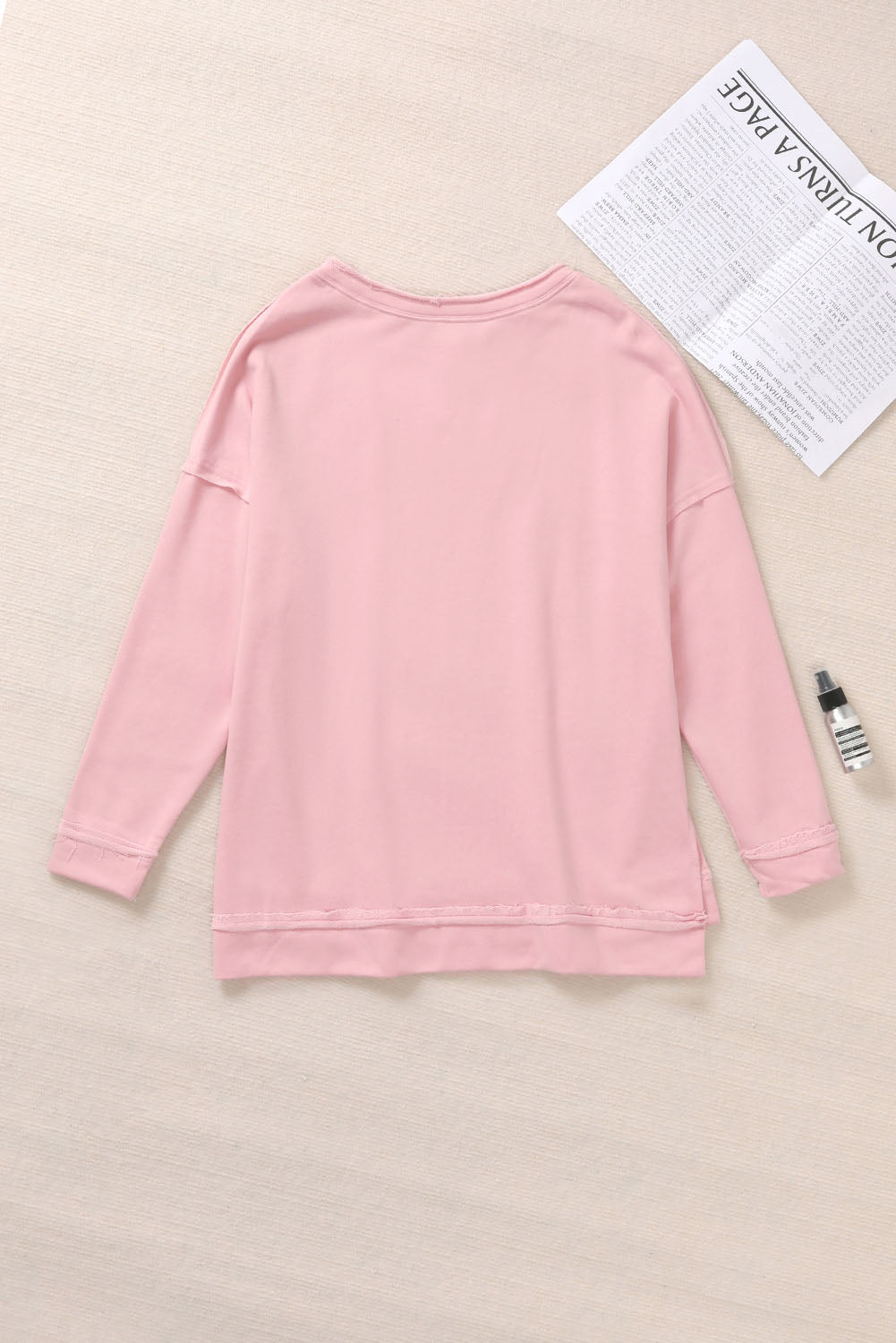 Pink Frayed Trim Side Slit Loose Sweatshirt