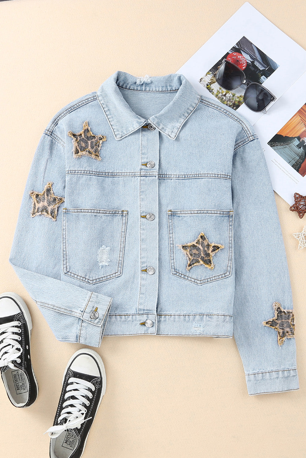 Sky Blue Leopard Star Distressed Cropped Denim Jacket