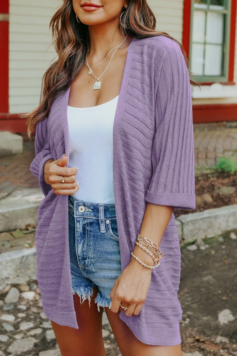 Red Ribbed Open Front Knit Cardigan