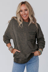 Gray Acid Wash Drop Shoulder Long Sleeve Sweatshirt with Pockets