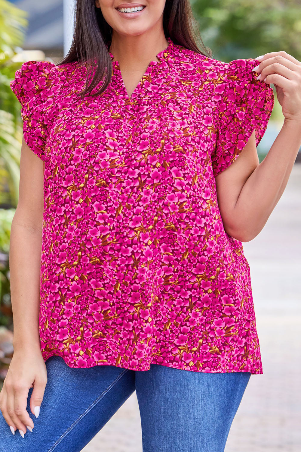 Rose Floral Print Ruffle Sleeve Plus Size Shift Top