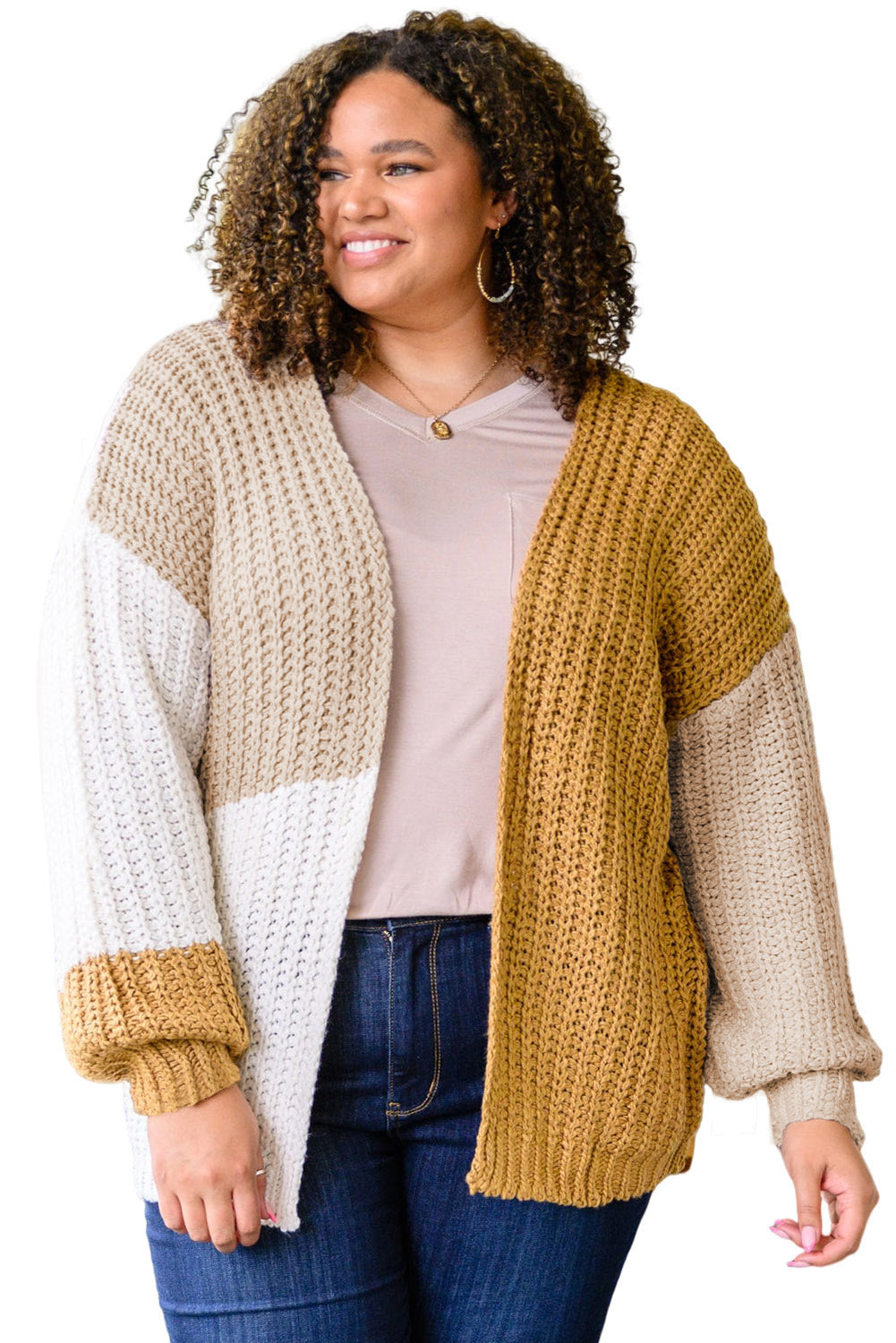 White Color Block Knitted Open Front Plus Size Cardigan