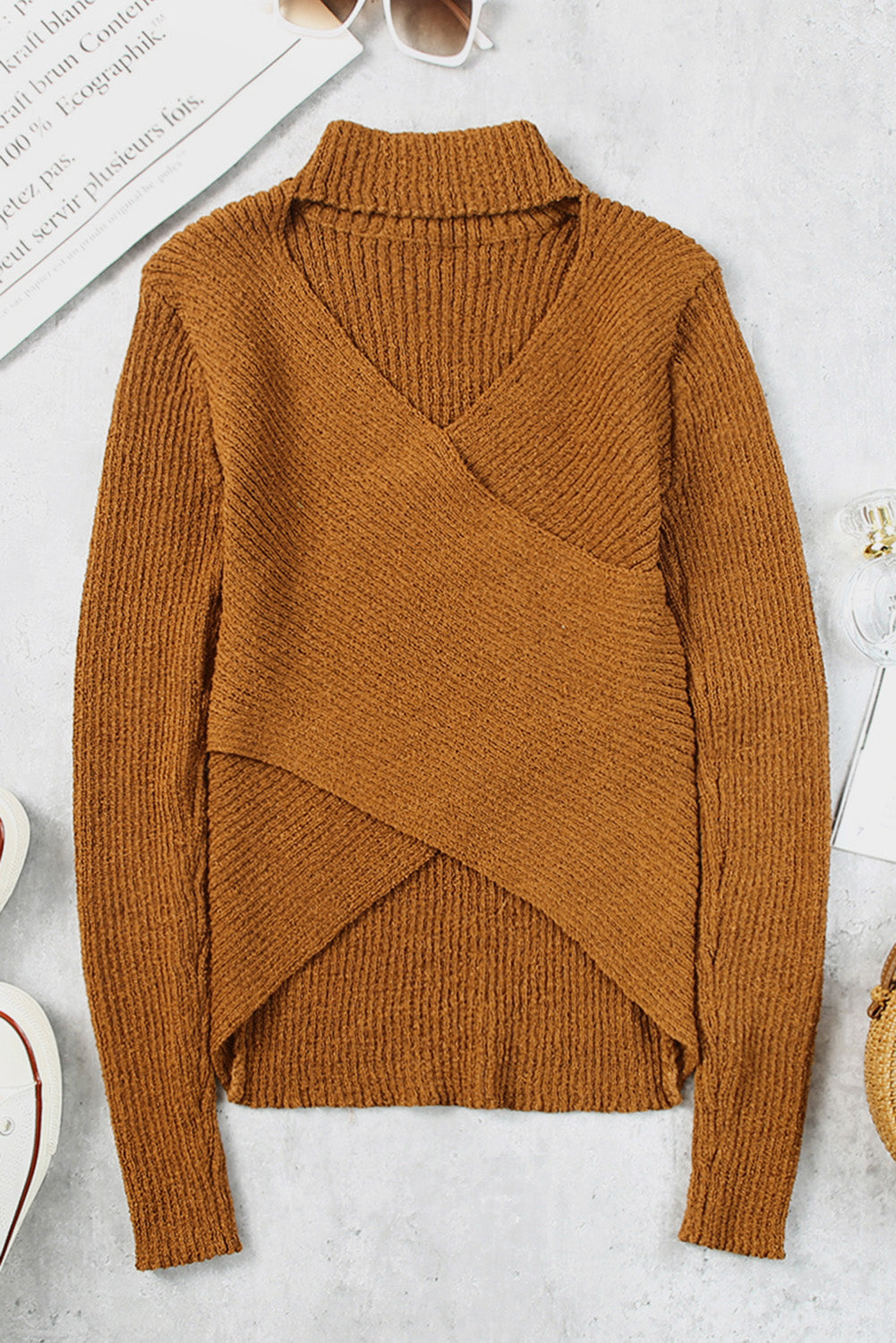 Khaki High Neck Hollow-out Crossed Wrap Knit Sweater