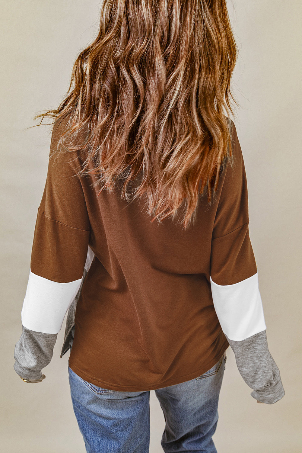 Brown Turn-down Collar Colorblock Pullover Sweatshirt