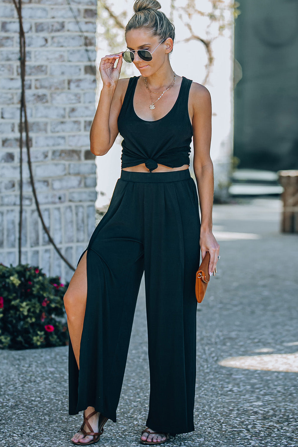 Black Side Slit Wide Leg Mid Waist Pants