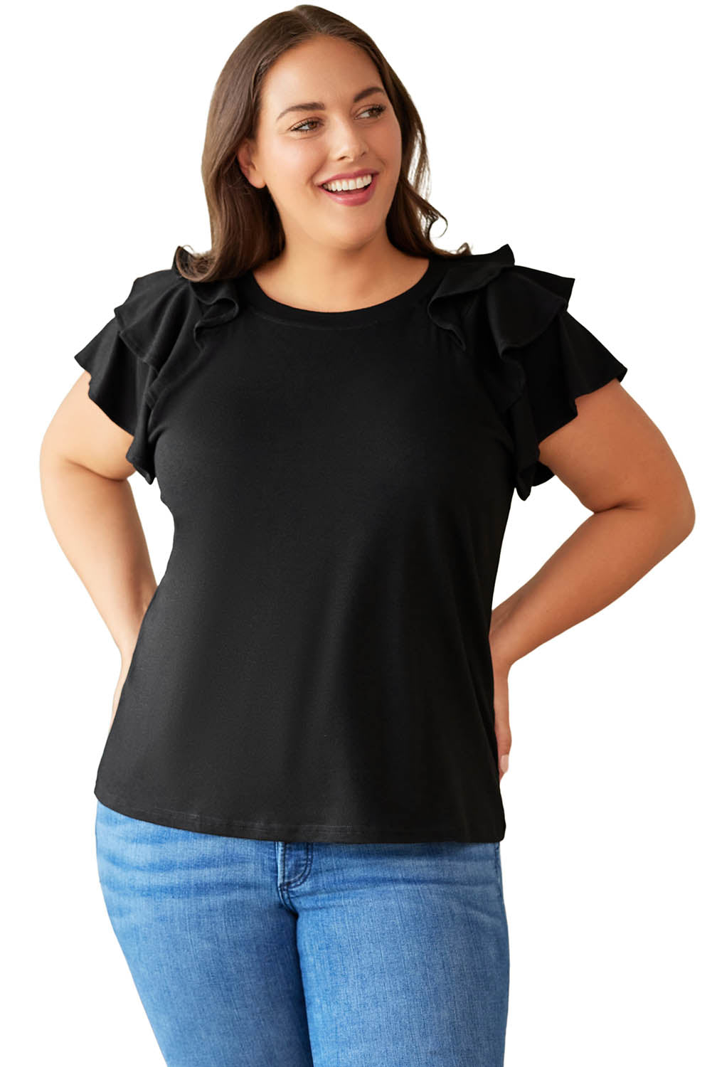 Black Plain Tiered Ruffled Short Sleeve T Shirt