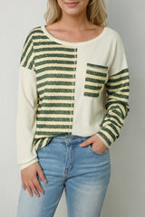 Khaki Striped Patch Textured Long Sleeve Top