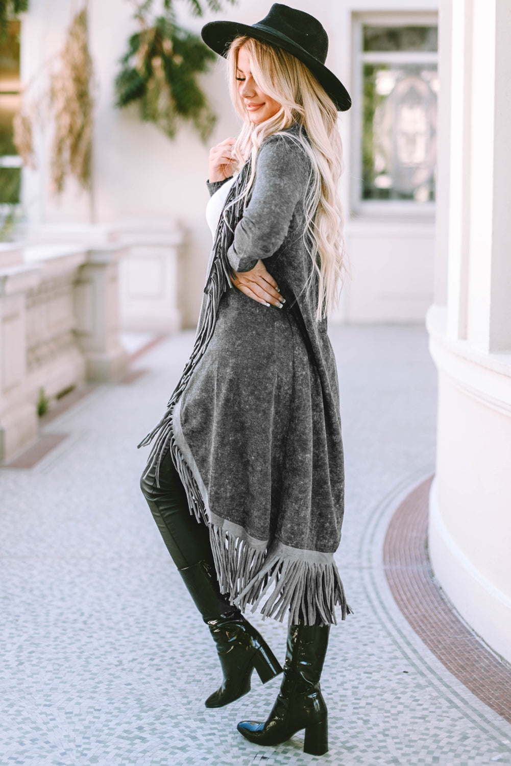 Black Fringed Hem Pocketed Open Cardigan