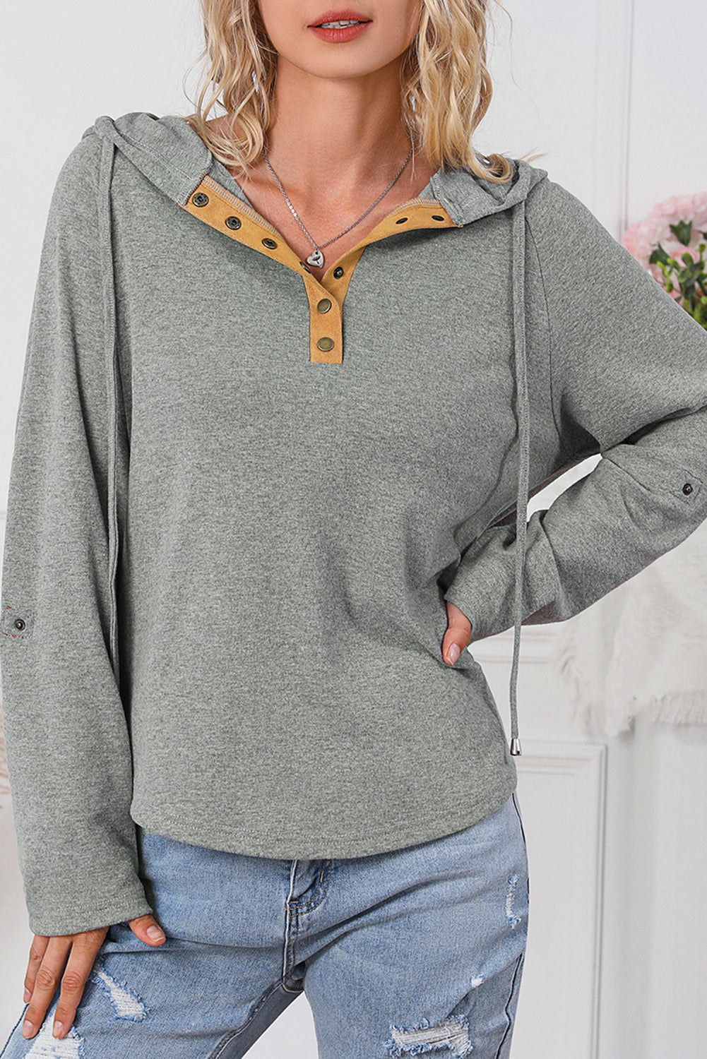 Gray Quarter Buttoned Drawstring Pullover Hoodie