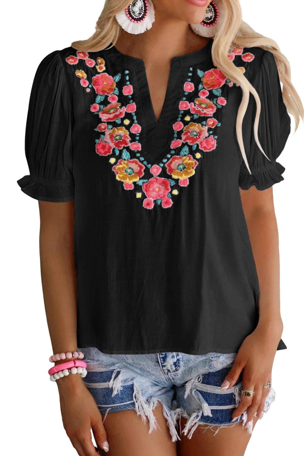 Black Floral Embroidered Ruffle Sleeve Shift Dress