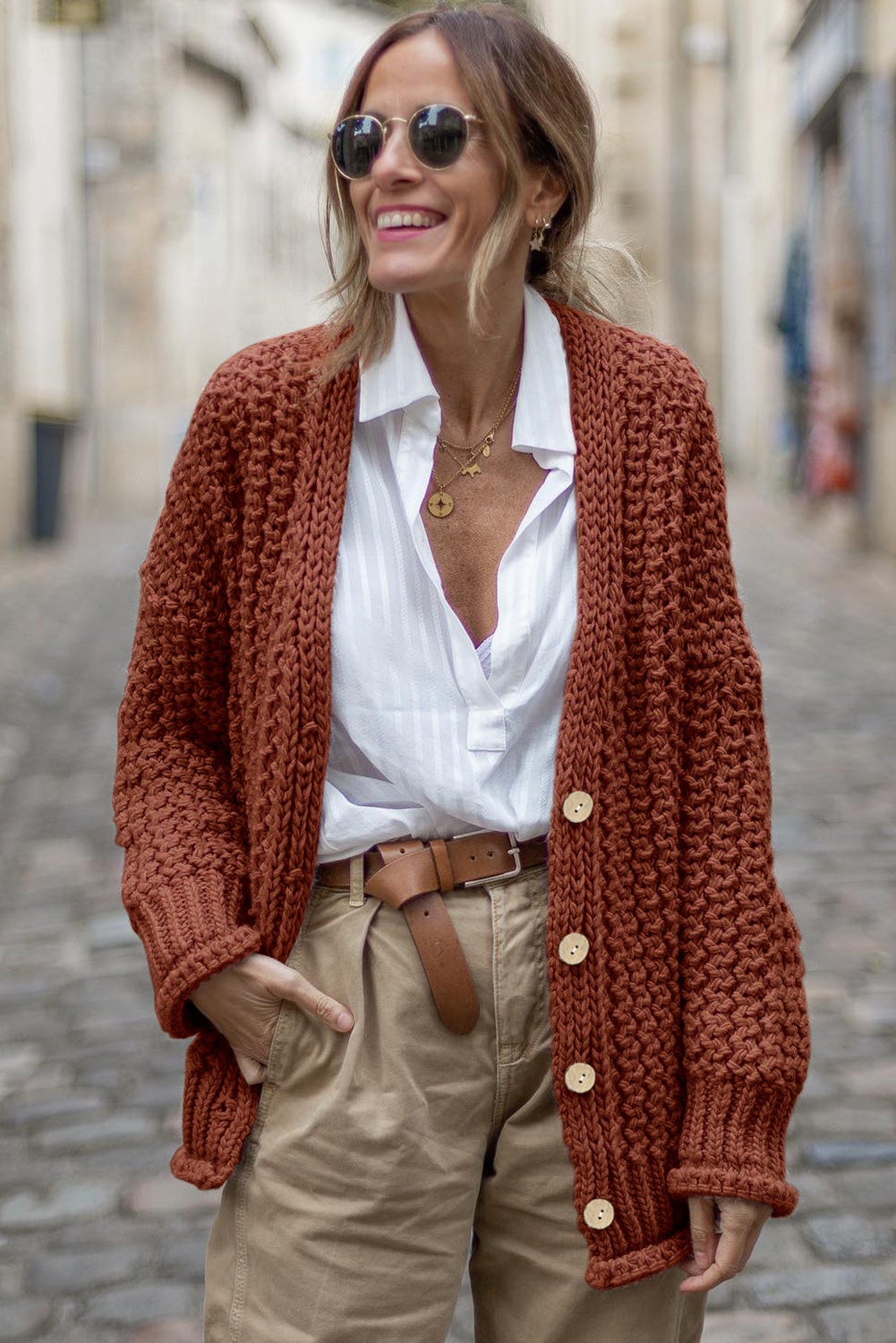 Red Sandalwood Vintage Cable Knit Button Front Cardigan