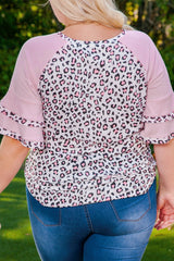 Pink Plus Size Ruffle Raglan Sleeve Leopard Top