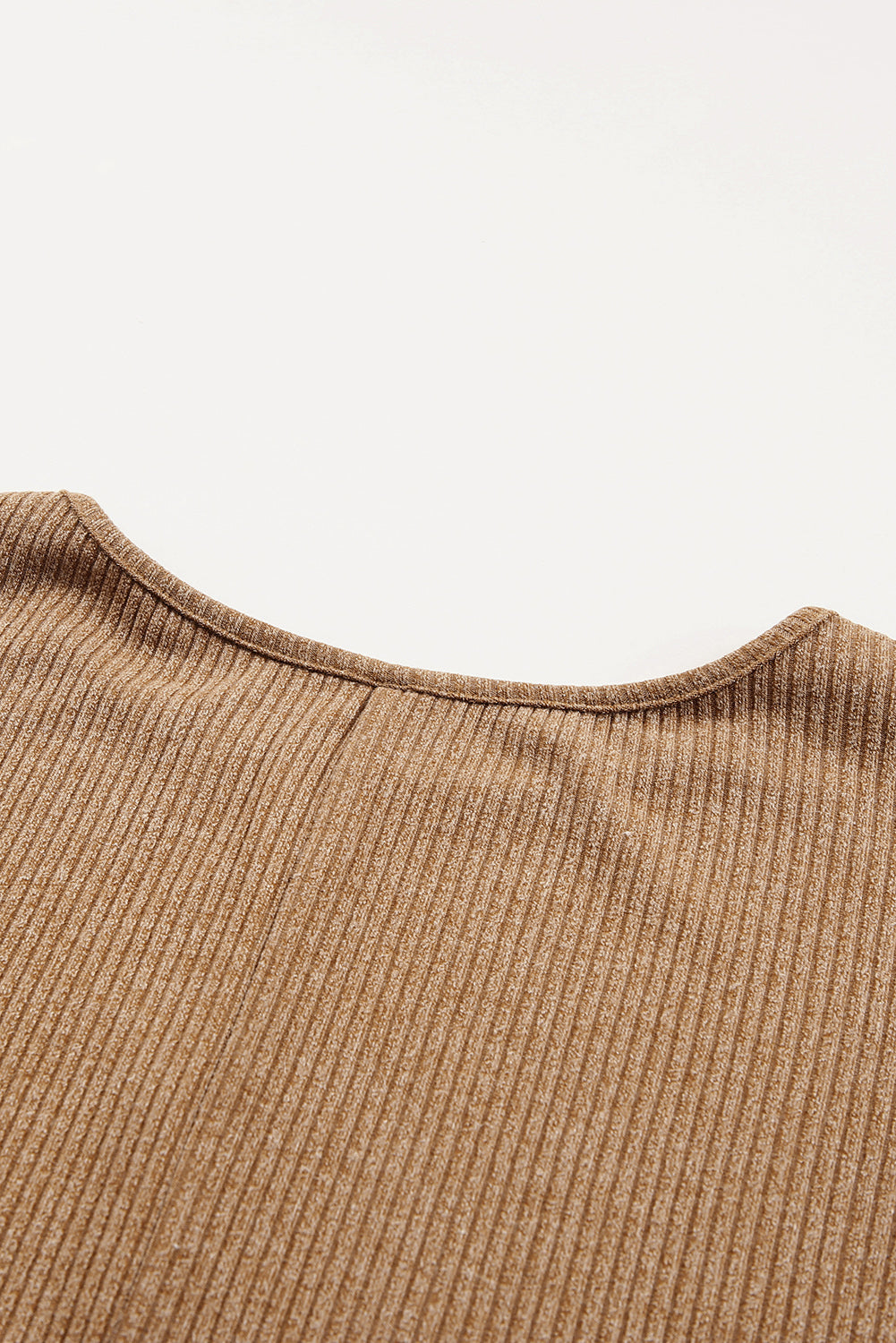 Brown Solid Crew Neck Loose Ribbed Knit Top